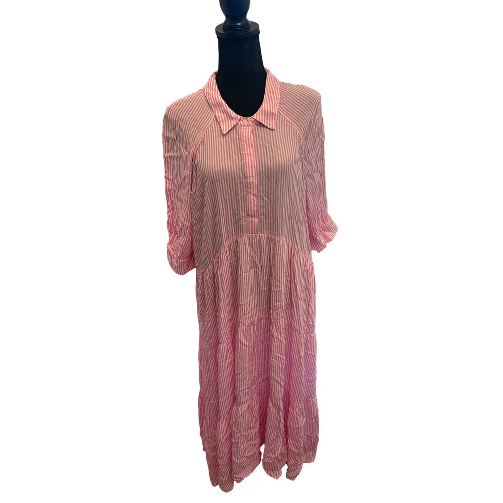 A Loves A Pink White Striped Tiered Maxi Dress Collared 3/4 Sleeve XL Preppy